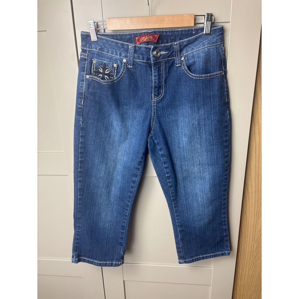 One 5 one Womens Blue Denim Capri Pants Rhinestone Embroidery Y2K Size 6